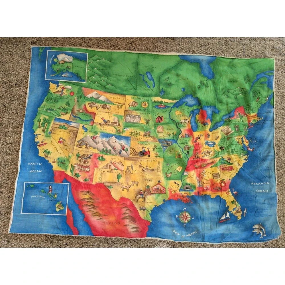 Handmade USA United States of America Fabric Map Baby Blanket Play Mat 44x33‎